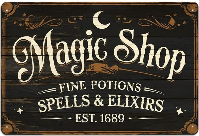 "Magic Shop — Fine Potions, Spells & Elixirs Est. 1689" Boho Metal Wall Sign | Witchy & Apothecary Decor