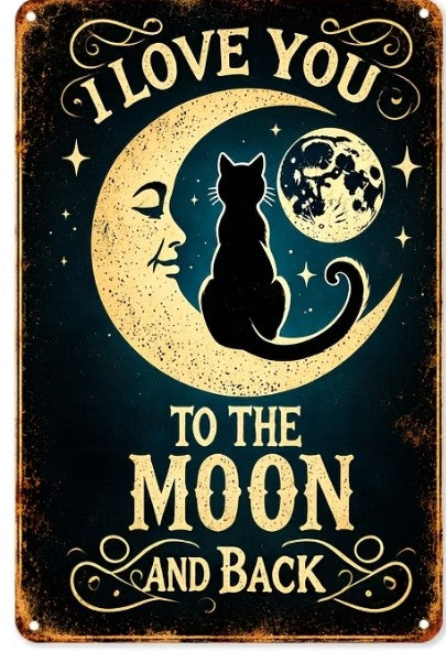 "I Love You to the Moon and Back" Boho Metal Wall Sign | Cat Lover & Celestial Decor