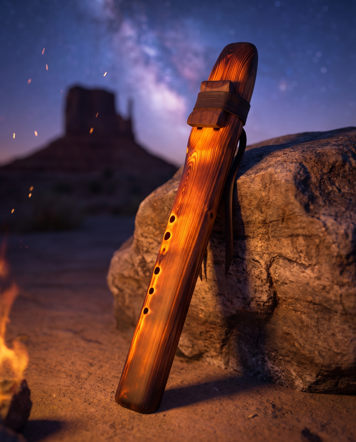 Flame-torched drone flute glowing by campfire light under the Milky Way