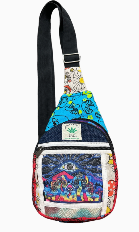 Hemp Third Eye & Mushroom Crossbody Sling Bag | Psychedelic Boho Bag from Nepal